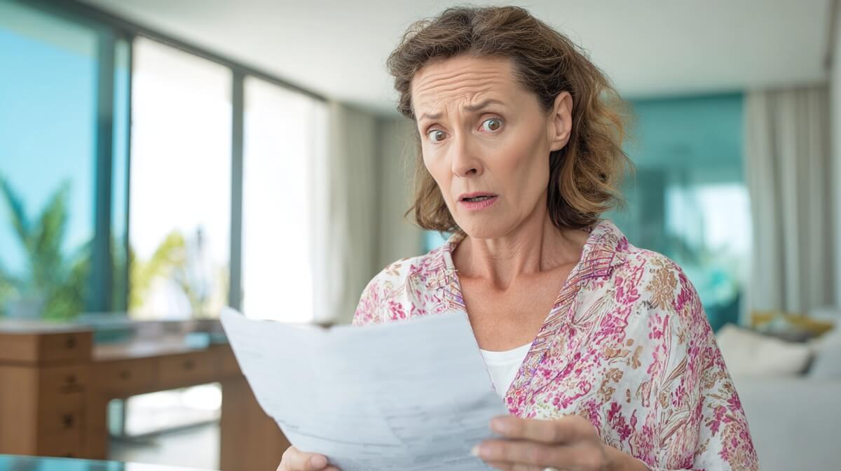 Une femme de 55 ans examine une facture d'EHPAD avec une expression perplexe et inquiète © SeniorActu