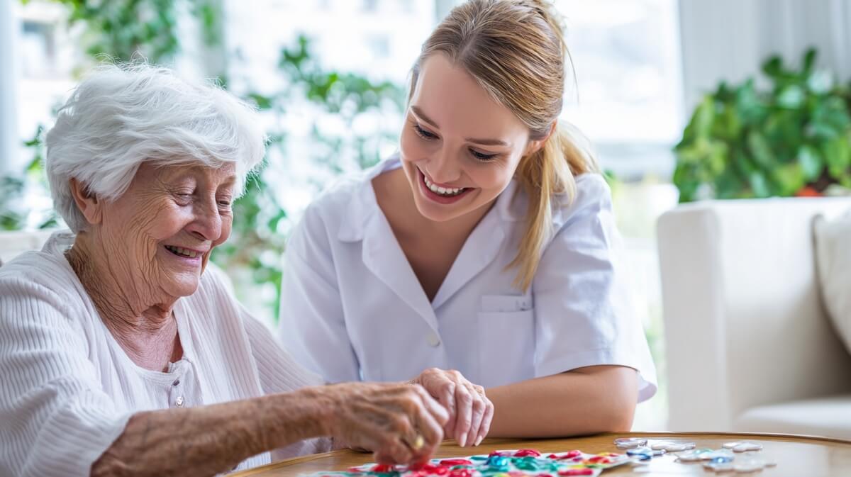 Une professionnelle de santé accompagne une personne atteinte d'Alzheimer à son domicile © SeniorActu