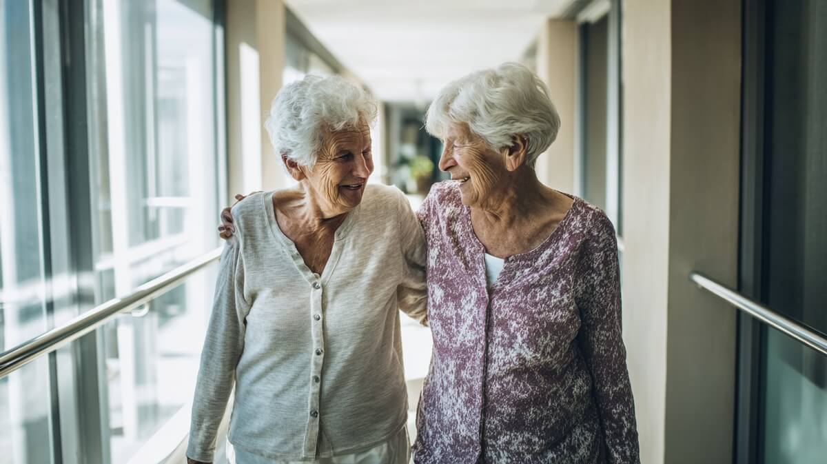 Deux résidentes âgées se promènent dans un établissement pour personnes âgées © SeniorActu