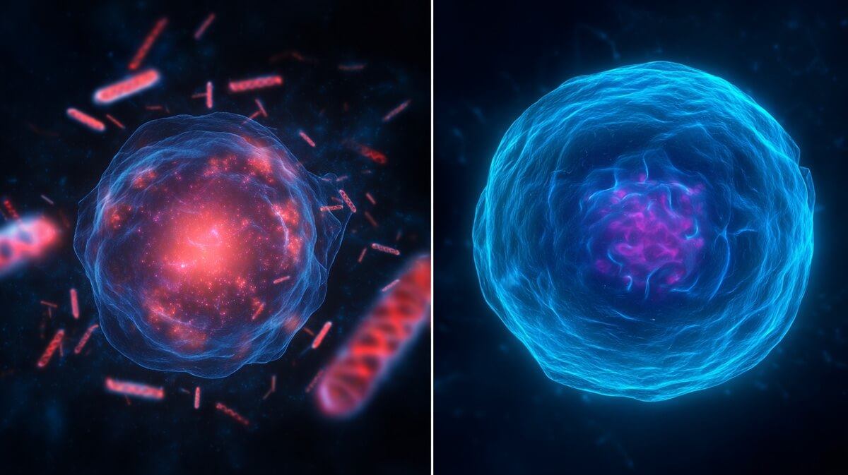 Visualisation scientifique d'une cellule avant et après traitement : à gauche, des fragments d'ADN s'échappent du noyau et déclenchent l'inflammation ; à droite, le noyau reste intact grâce à l'action de la metformine © SeniorActu