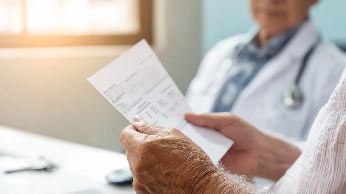 Patient senior consultant son protocole de soins ALD avec son médecin traitant © SeniorActu