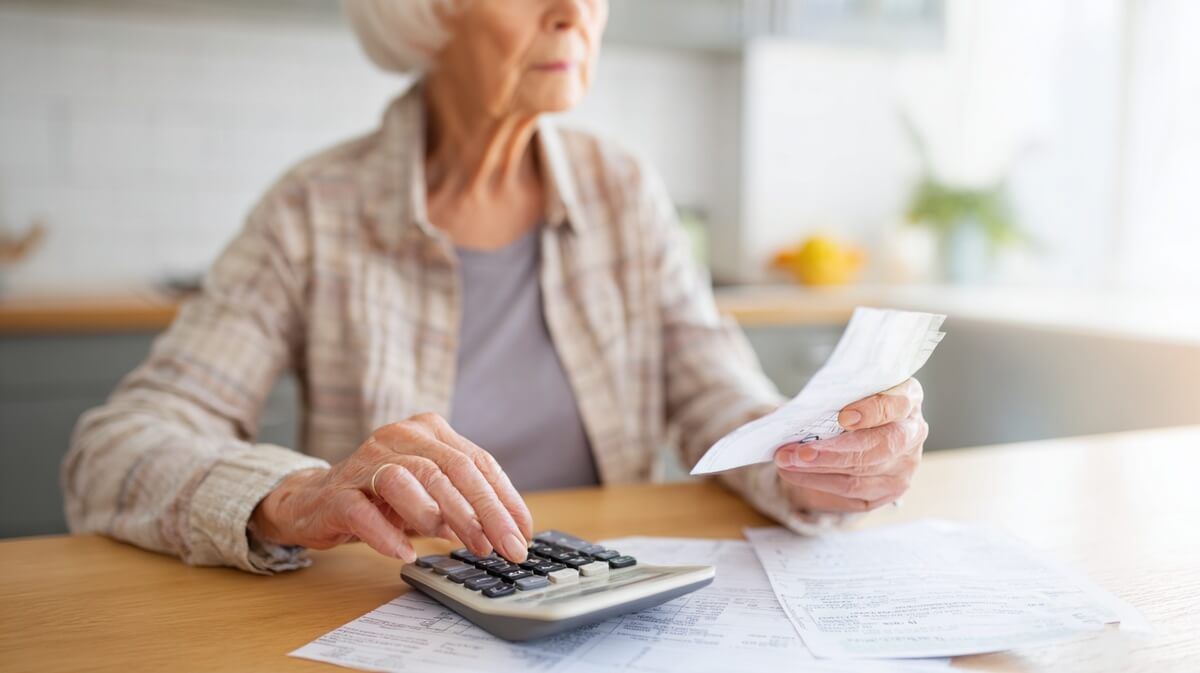 Femme senior vérifiant ses ressources pour la pension de réversion avec calculatrice et documents © SeniorActu