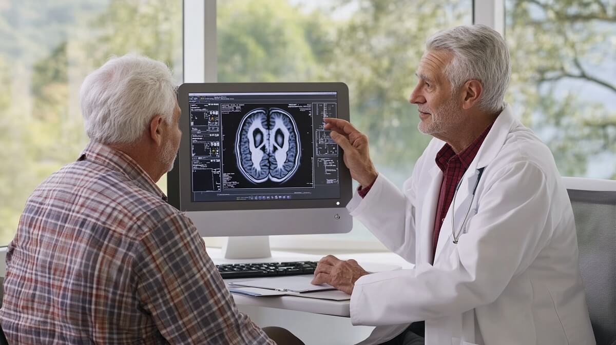 Neurologue expliquant un scan cérébral à un patient senior de 80 ans en consultation, découverte Alzheimer © SeniorActu