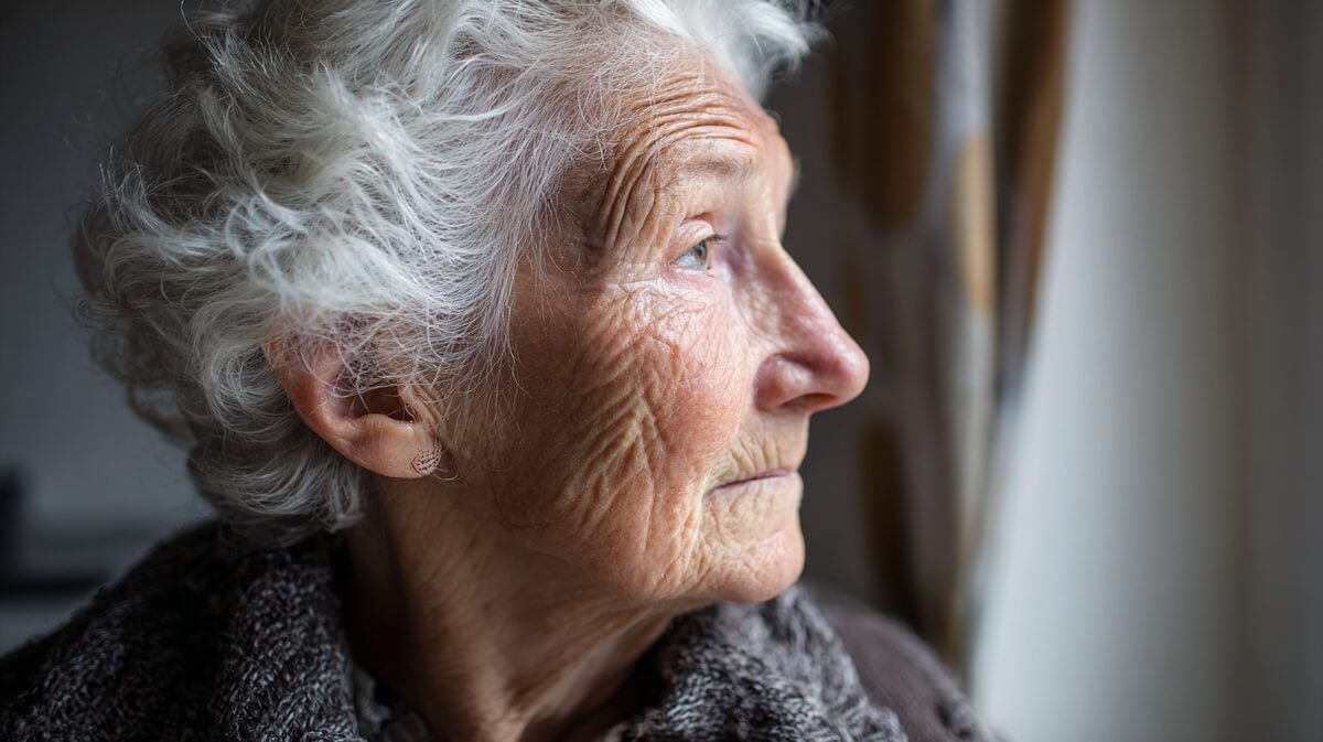 Femme âgée au regard absent caractéristique de la maladie d'Alzheimer © SeniorActu