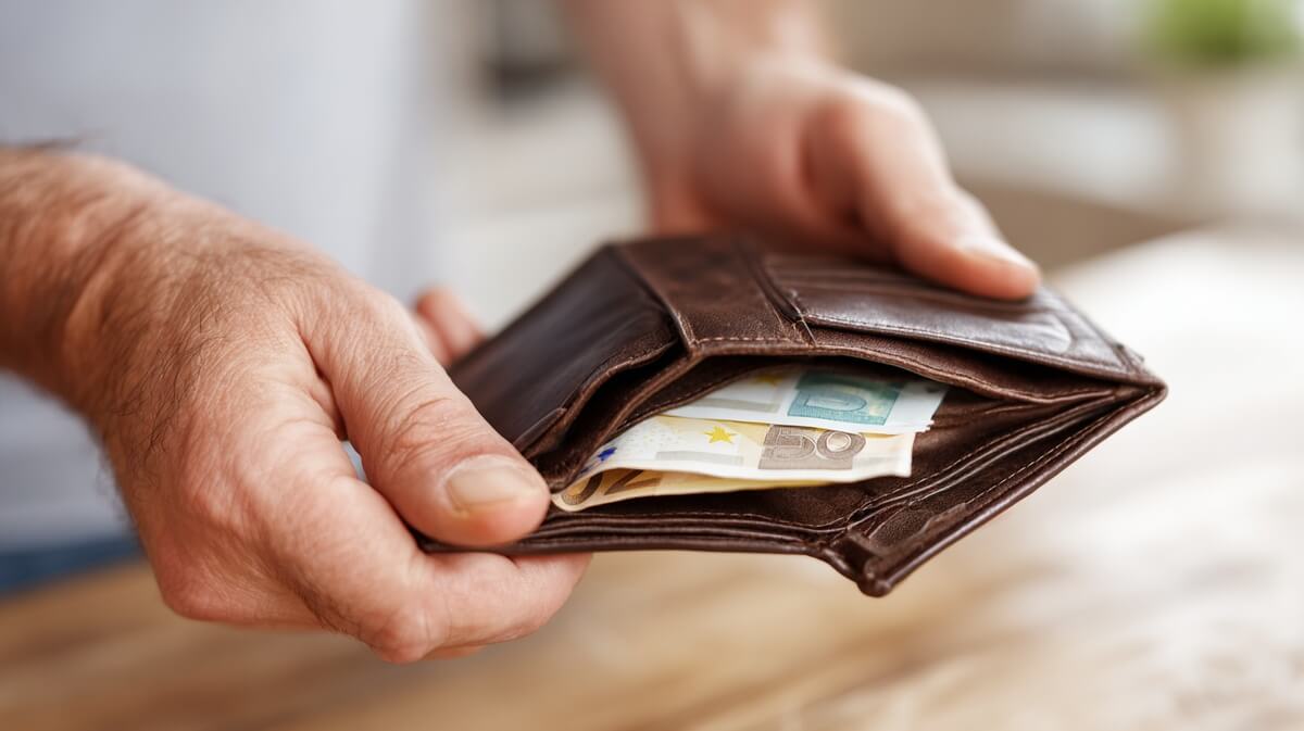 Senior tenant un portefeuille ouvert avec peu de billets, illustrant la perte de revenus liée à une carrière incomplète © SeniorActu