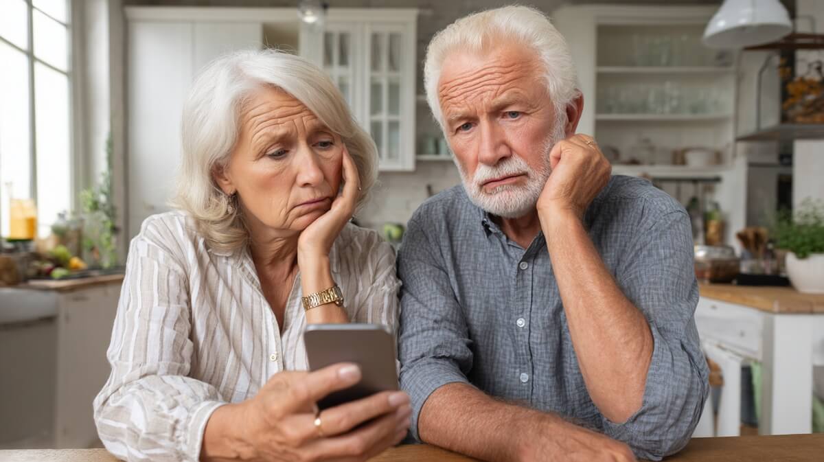 Un couple de retraités consulte avec méfiance une information sur leur smartphone © SeniorActu
