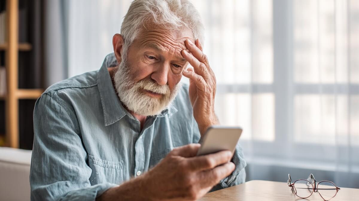 Senior perplexe devant son smartphone cherchant une information de santé en ligne © SeniorActu