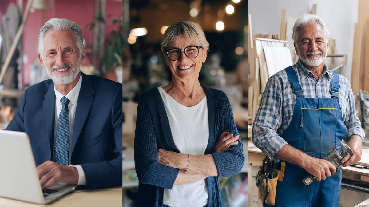 Trois retraités actifs représentant un cadre salarié, une commerçante et un artisan © SeniorActu