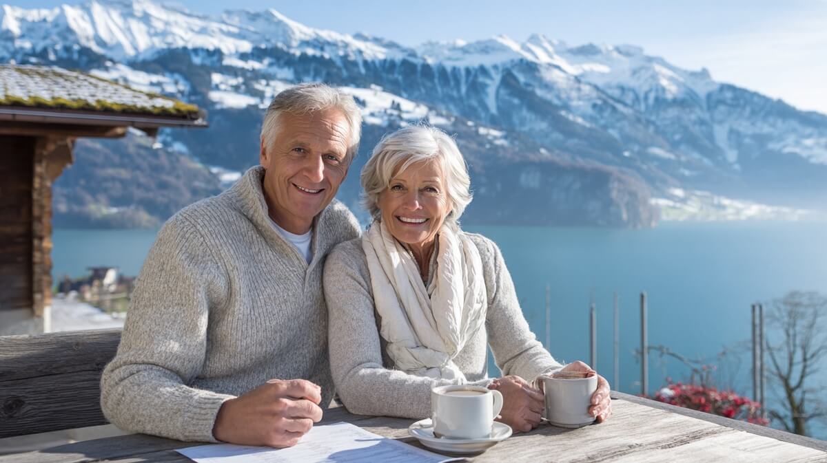 Couple de retraités français profitant de leur retraite en Suisse, sur une terrasse face à un lac alpin © SeniorActu