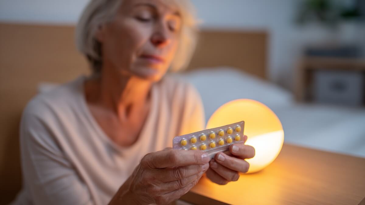 Une femme de 60 ans regarde une plaquette de somnifères avant le coucher © SeniorActu