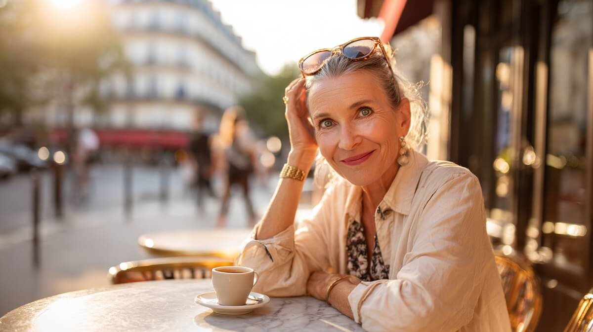 Femme de 50 ans élégante et souriante en terrasse de café © SeniorActu