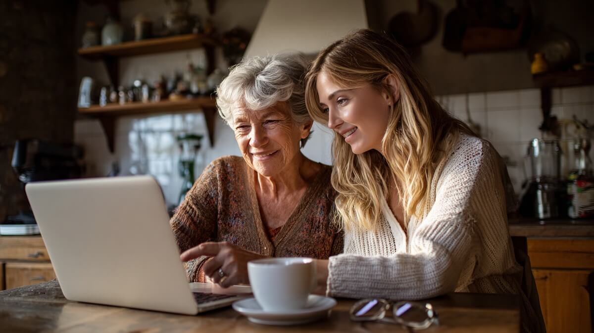Une retraitée découvre avec sa fille le nouveau formulaire simplifié de demande ASPA sur le site de l'Assurance retraite © SeniorActu