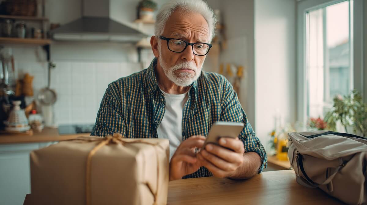Gérard découvre un email suspect sur son téléphone, un colis prêt à être expédié  © SeniorActu