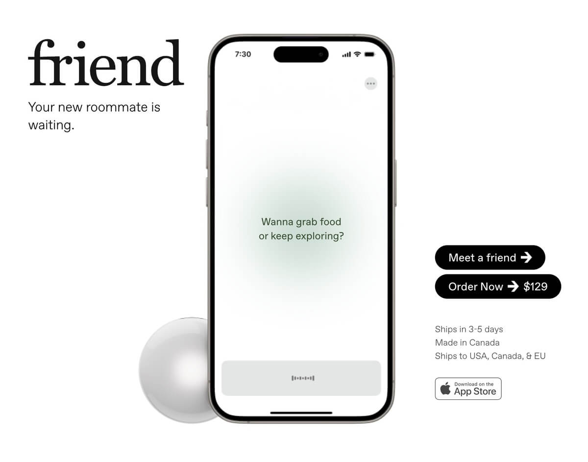 Site friend.com : le pendentif IA Friend et son application smartphone — capture d'écran du site officiel © Friend.com
