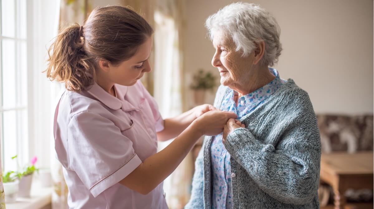 Aide à domicile aidant une personne âgée à s'habiller dans son salon © SeniorActu