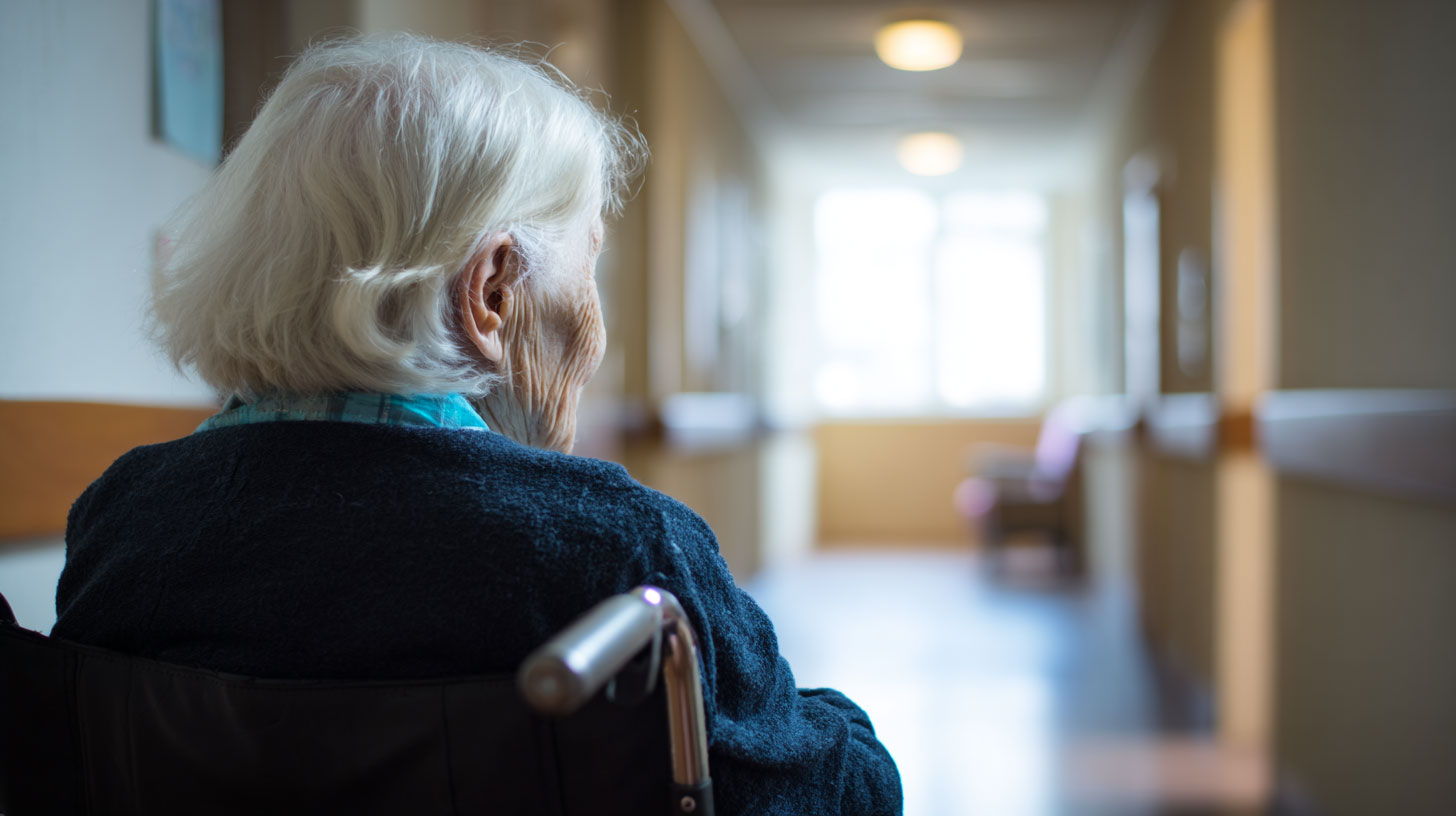 Femme âgée seule dans un couloir d'Ehpad vide, illustrant l'attente des seniors face au report du plan grand âge © SeniorActu