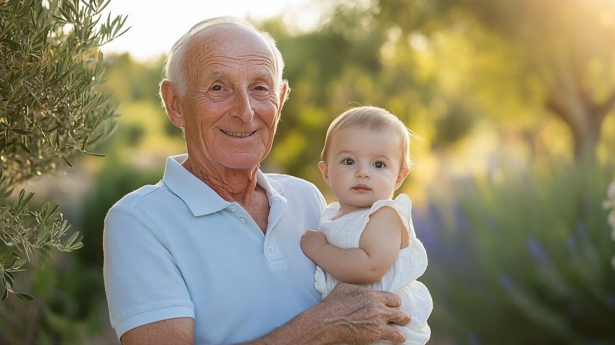 Senior âgé tenant sa fille dans ses bras dans un jardin méditerranéen © SeniorActu