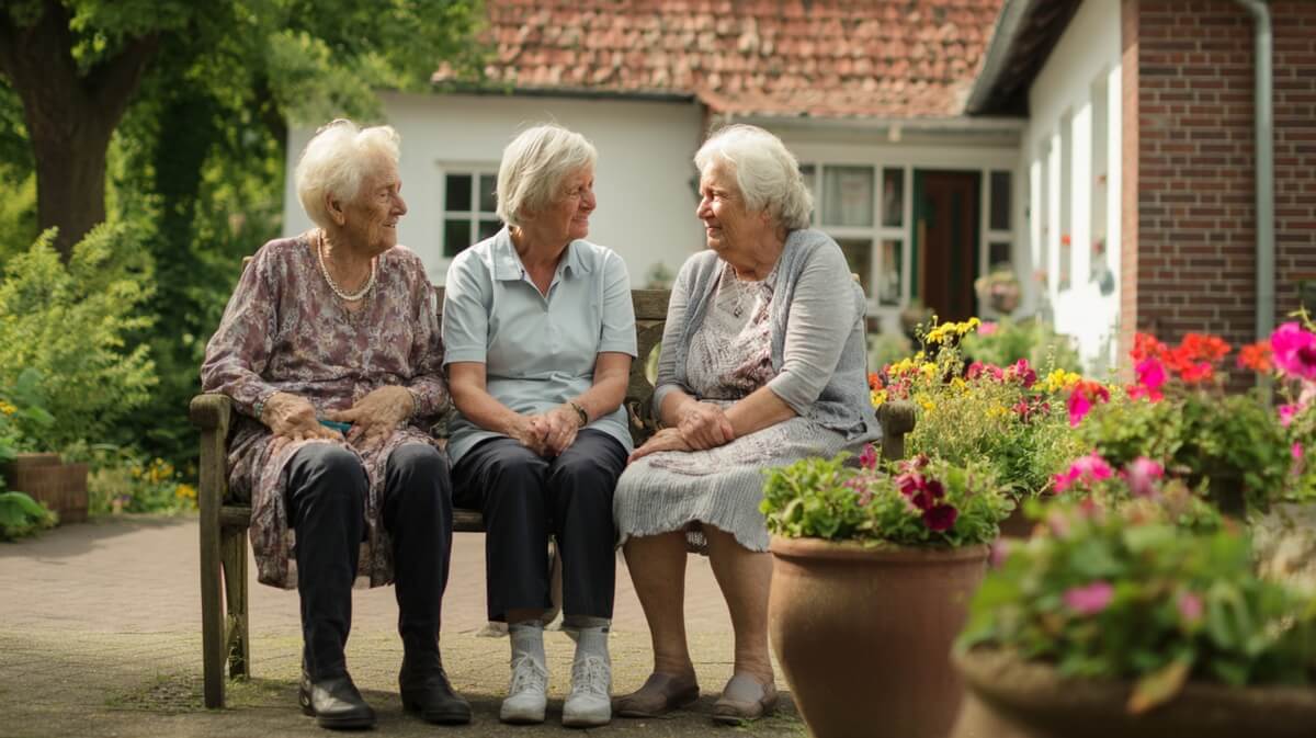 Trois femmes âgées discutant devant leur petite résidence pour l'autonomie en milieu rural © SeniorActu