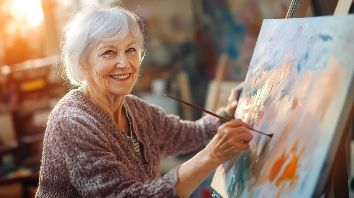 Une femme peint sur une toile dans un atelier d'art, illustrant les bienfaits de l'art-thérapie chez les seniors © SeniorActu