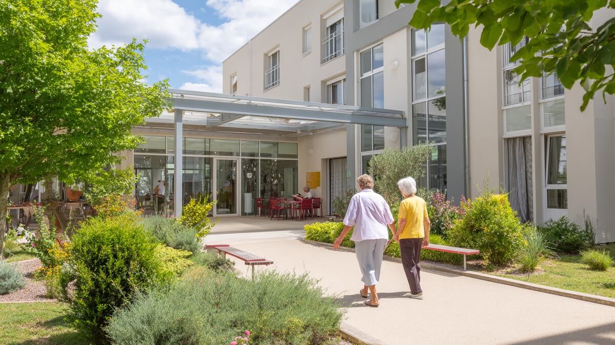 Une femme accompagne sa mère âgée vers l'entrée © SeniorActu