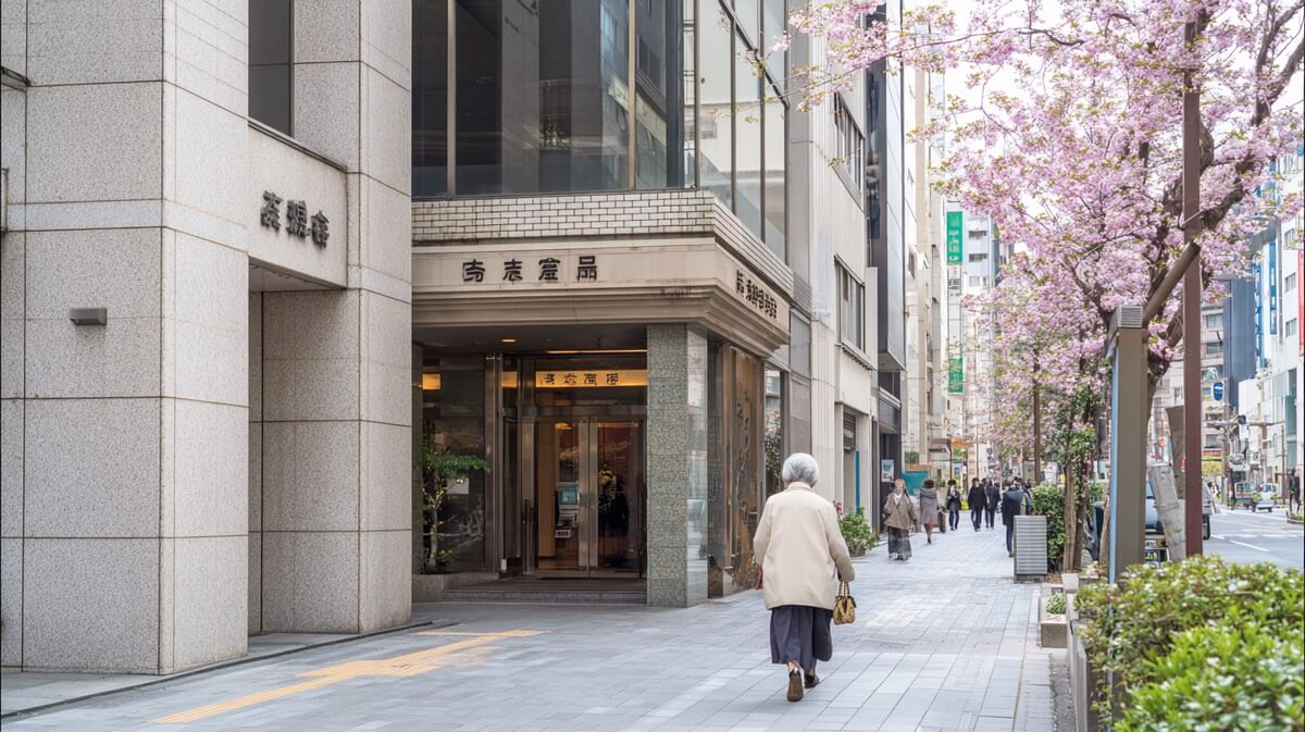 Salariée âgée marchant vers son immeuble de bureaux à Osaka © SeniorActu