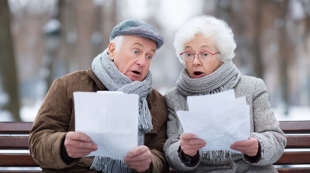 Deux retraités comparant leurs relevés de pension sur un banc © SeniorActu