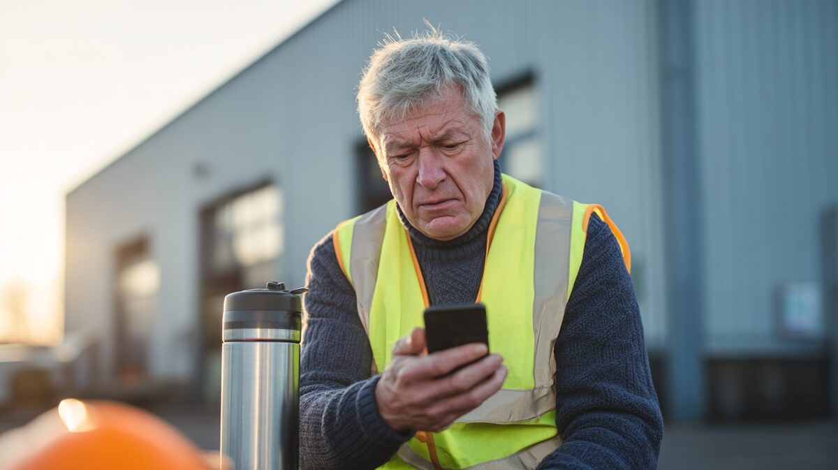Un retraité en cumul emploi-retraite consulte son téléphone pendant sa pause © SeniroActu