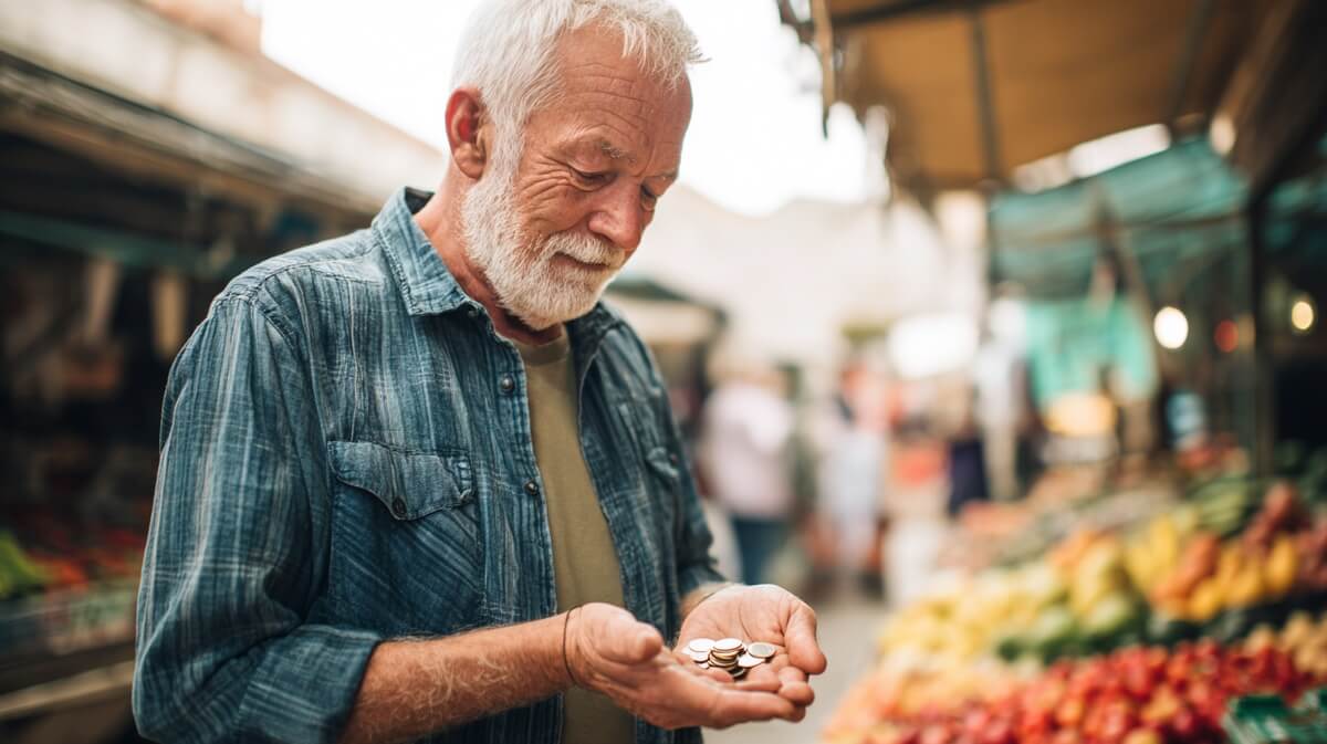 Un retraité compte ses pièces d'euro au marché, illustrant les disparités d'épargne entre seniors © SeniorActu