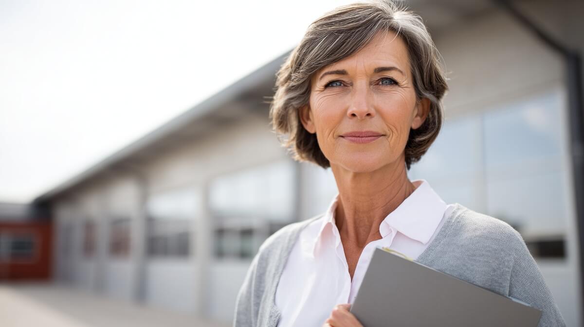 Françoise, déterminée , tenant son dossier de CDD de reconversion devant une entreprise © SeniorActu