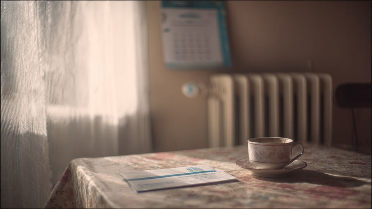 Table de cuisine d'une personne vivant seule, un courrier officiel non ouvert posé sur la table © SeniorActu