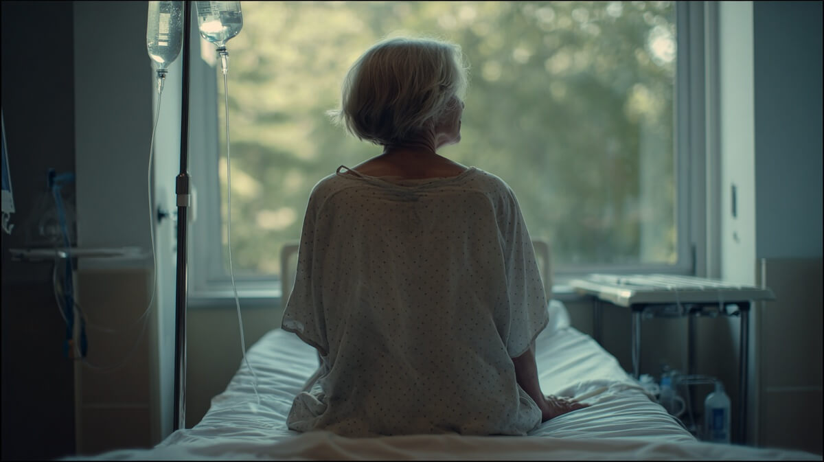 Femme senior assise au bord de son lit d'hopital © SeniorActu