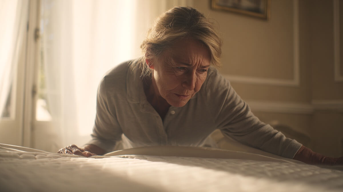 Évelyne inspecte son matelas avec inquiétude à cause des punaises de lit © SeniorActu