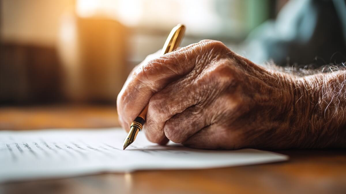 Senior signant un acte de donation chez le notaire © SeniorActu