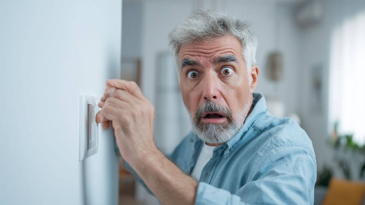 Senior inquiet en touchant une prise électrique chaude © SeniorActu