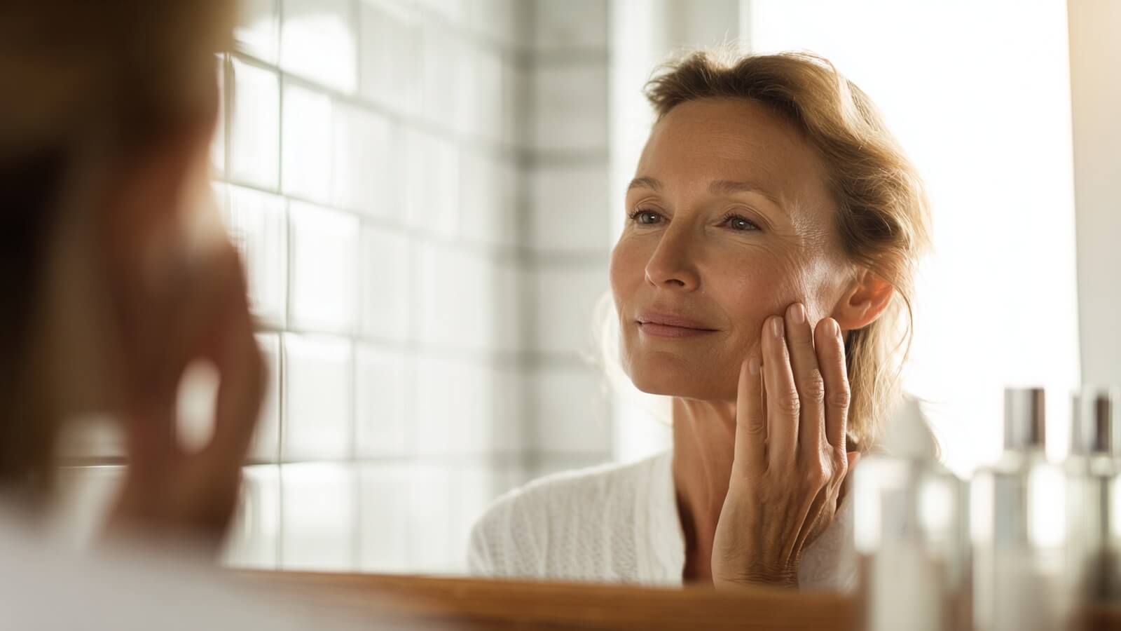 Femme quinqua examinant sa peau dans le miroir avant d'appliquer un soin anti-âge adapté à sa routine beauté du matin