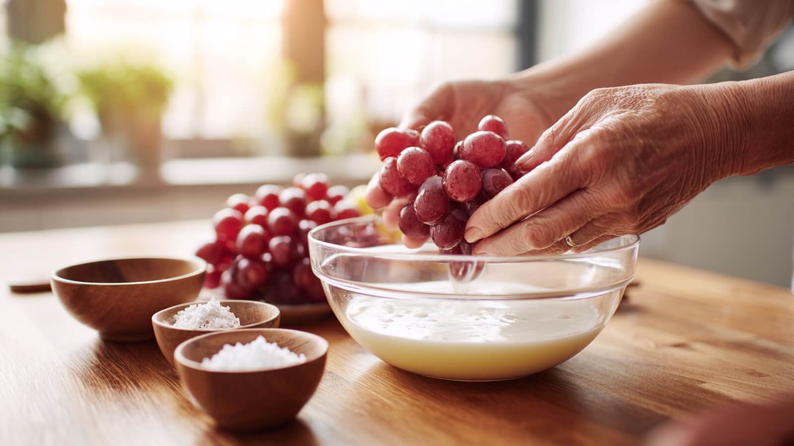 Une senior plonge une grappe de raisins dans un bol contenant la formulation à l'amidon © SeniorActu.com