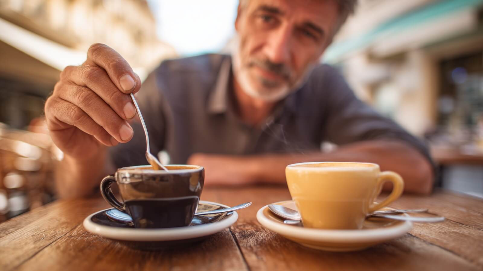 Un homme senior compare deux tasses de café dans un bouchon lyonnais © SeniorActu.com