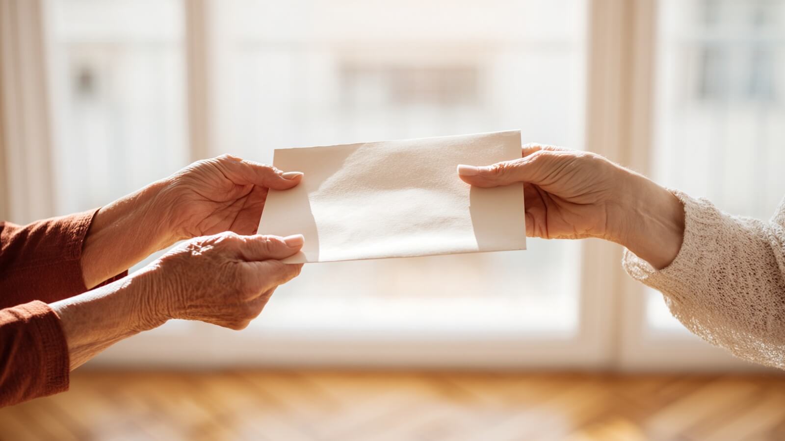 Une grandmère transmet une enveloppe à sa petite-fille © SeniorActu.com
