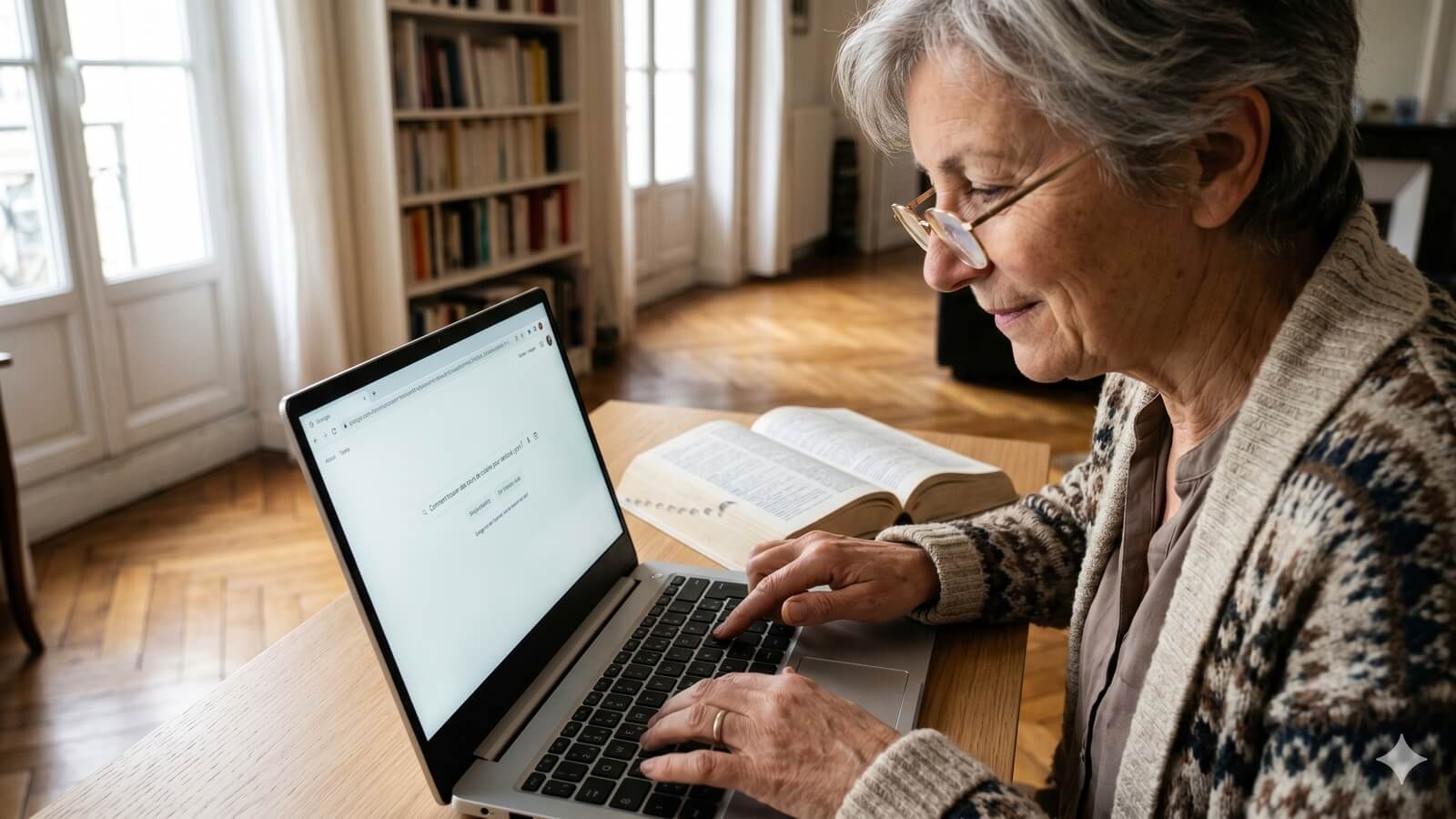 Une femme senior utilise l'assistant IA Dis-moi Robert pour vérifier une règle de français © SeniorActu.com