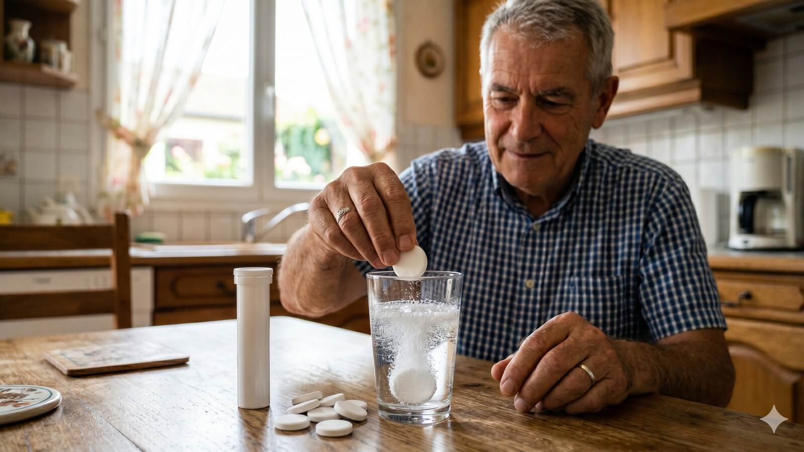 Un senior européen verse un comprimé effervescent dans un verre d'eau le matin © SeniorActu.com