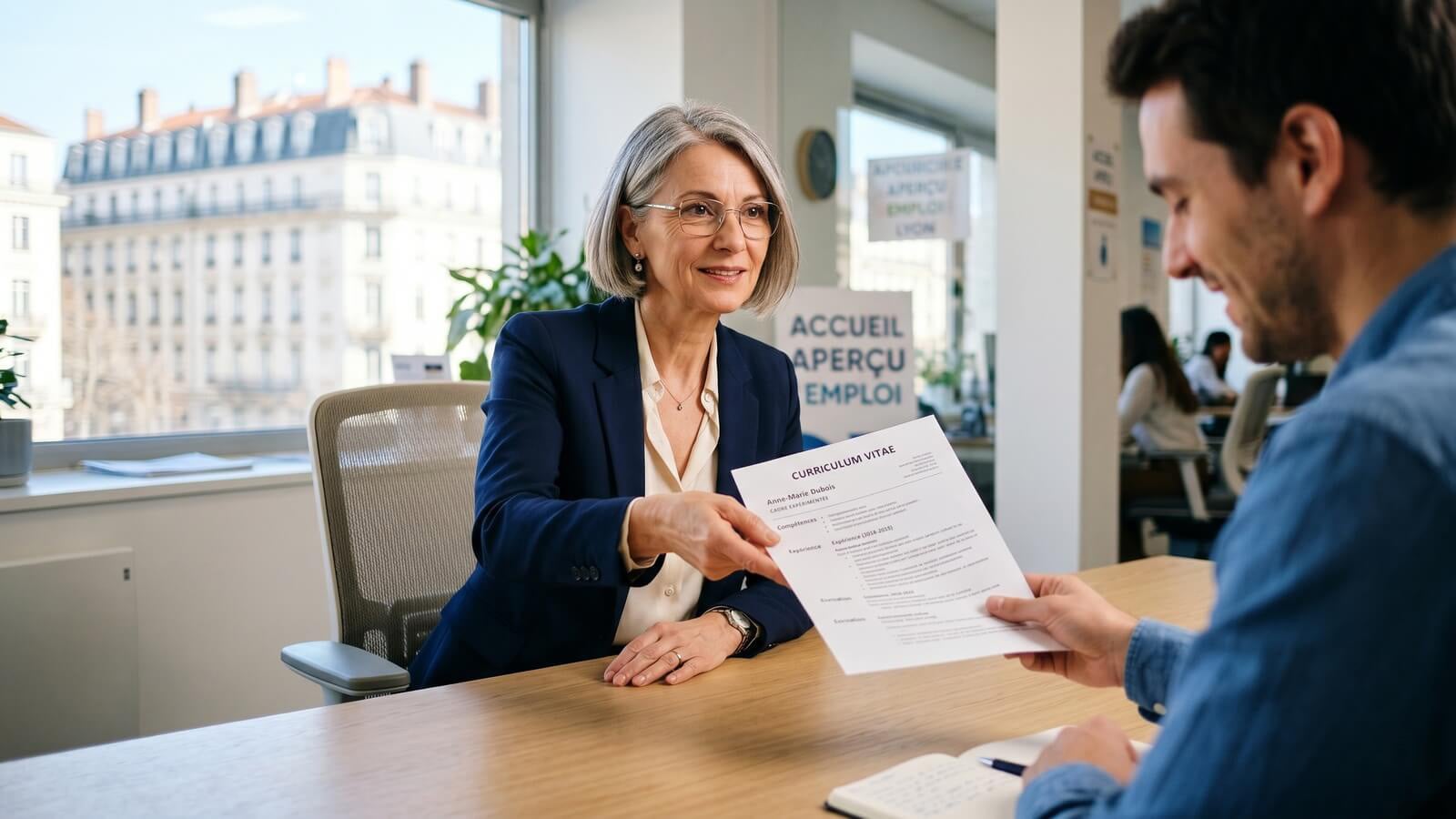 Cadre senior européenne face à un recruteur dans un bureau © SeniorActu.com