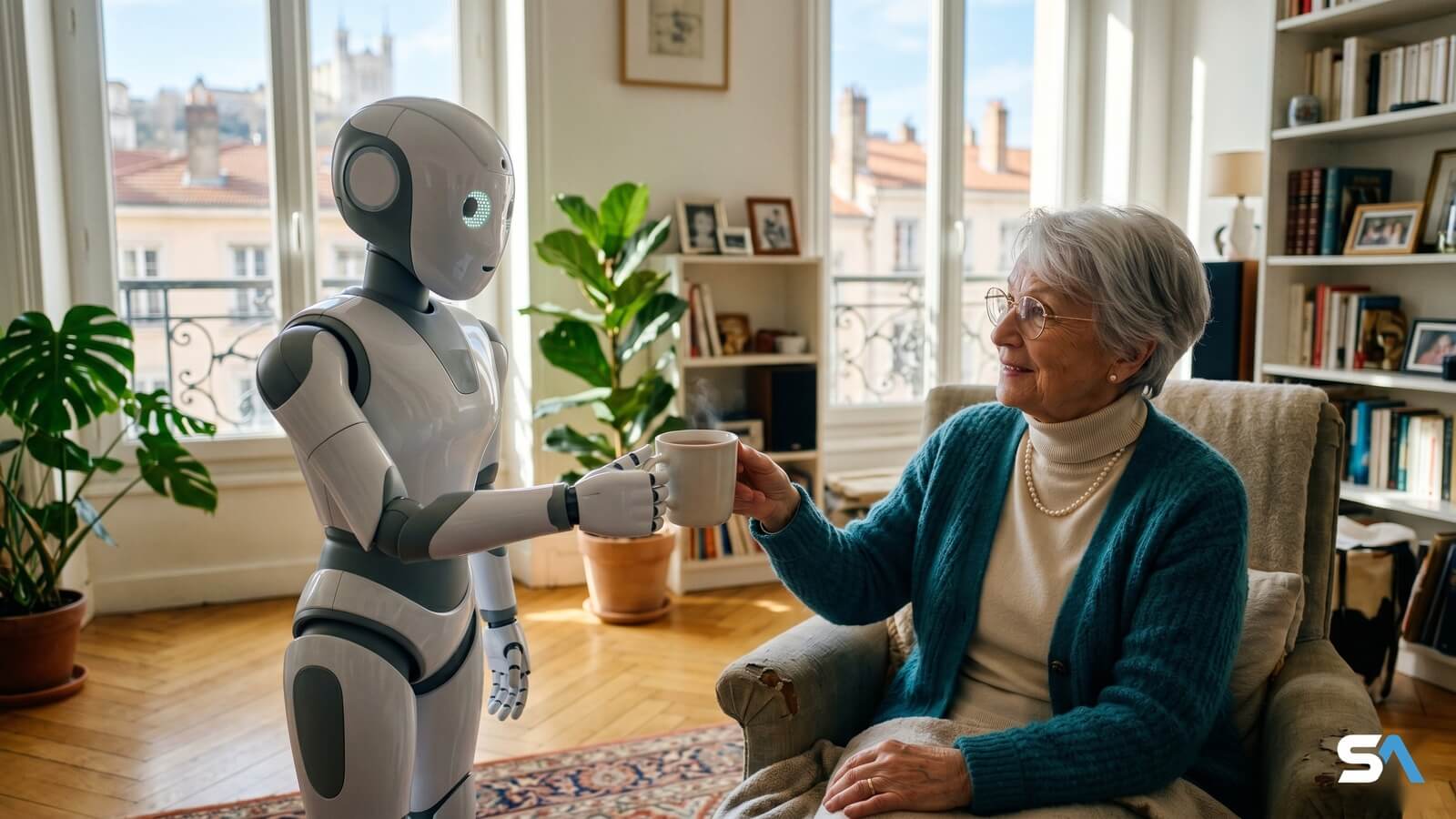 Mise en scène fictive d'une retraitée servie par son robot d'aide à domicile © SeniorActu.com
