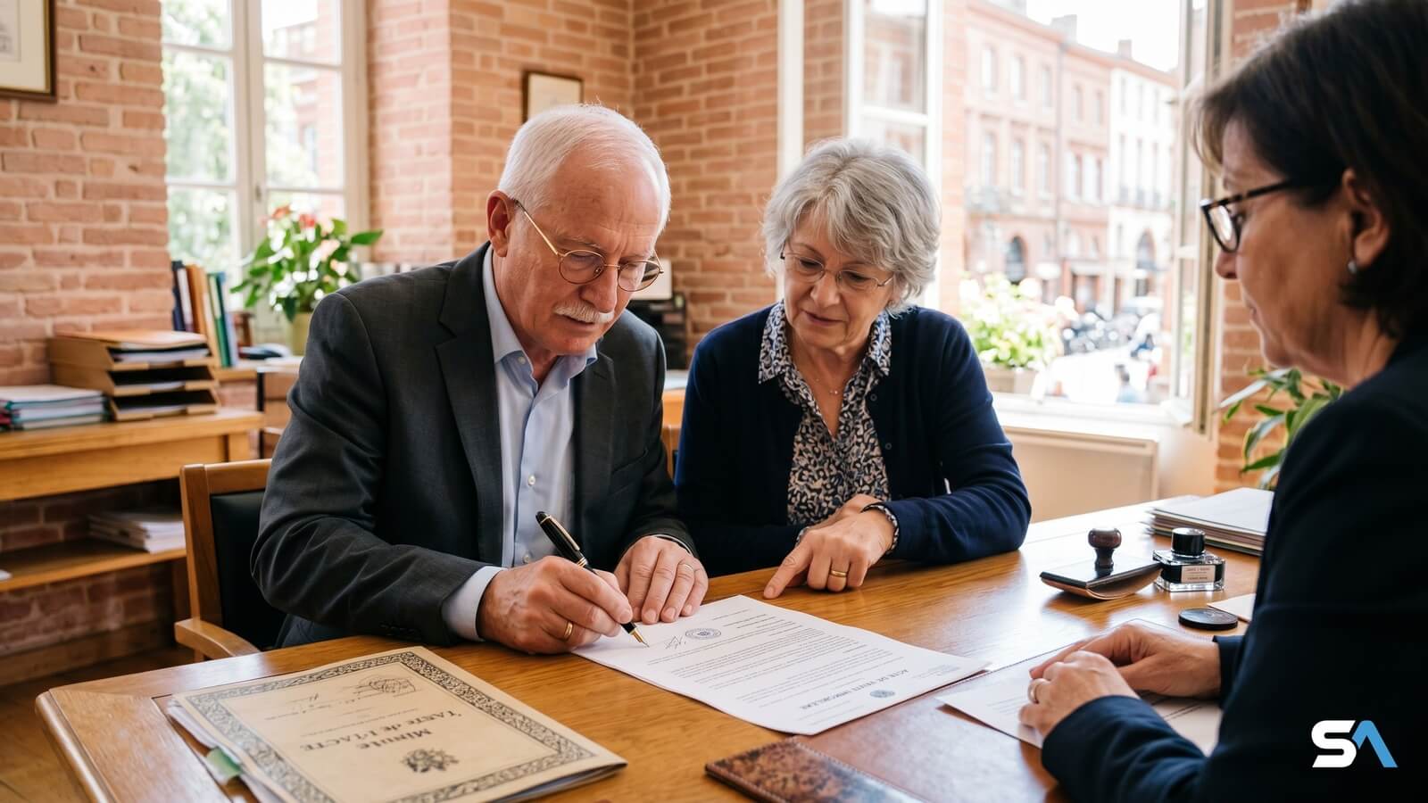 Un notaire fait signer un acte de donation-partage à un couple de seniors © SeniorActu.com