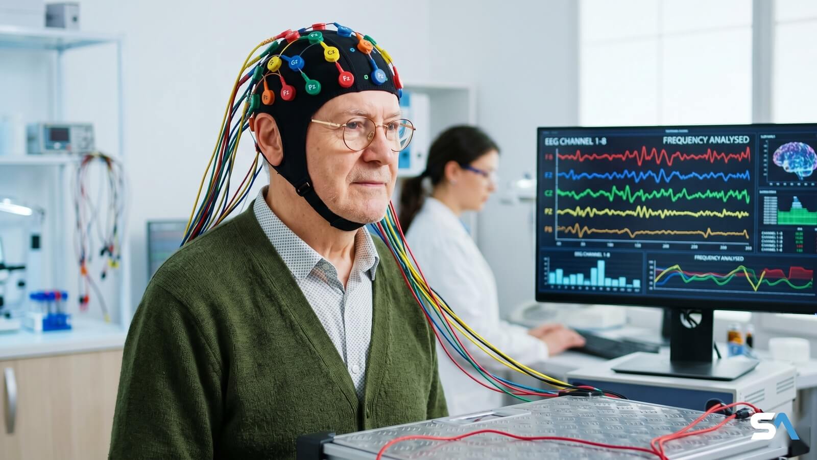 Un senior réalise un test d'équilibre équipé d'un casque de mesure cérébrale dans un laboratoire de recherche © SeniorActu.com