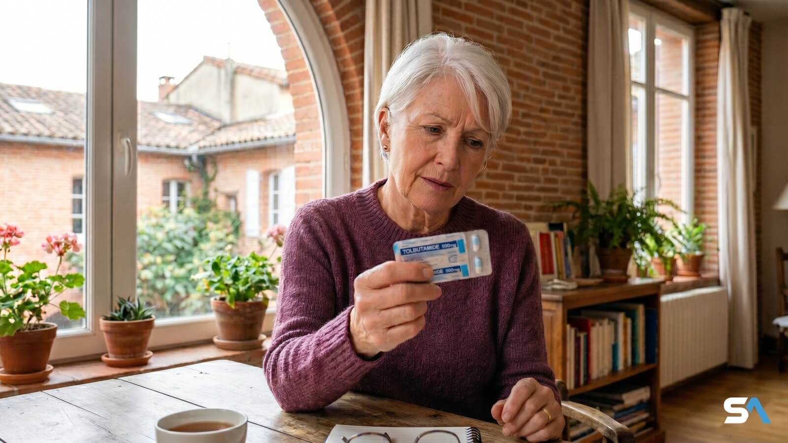 Femme senior avec une plaquette de comprimés anti-cholestérol © SeniorActu.com