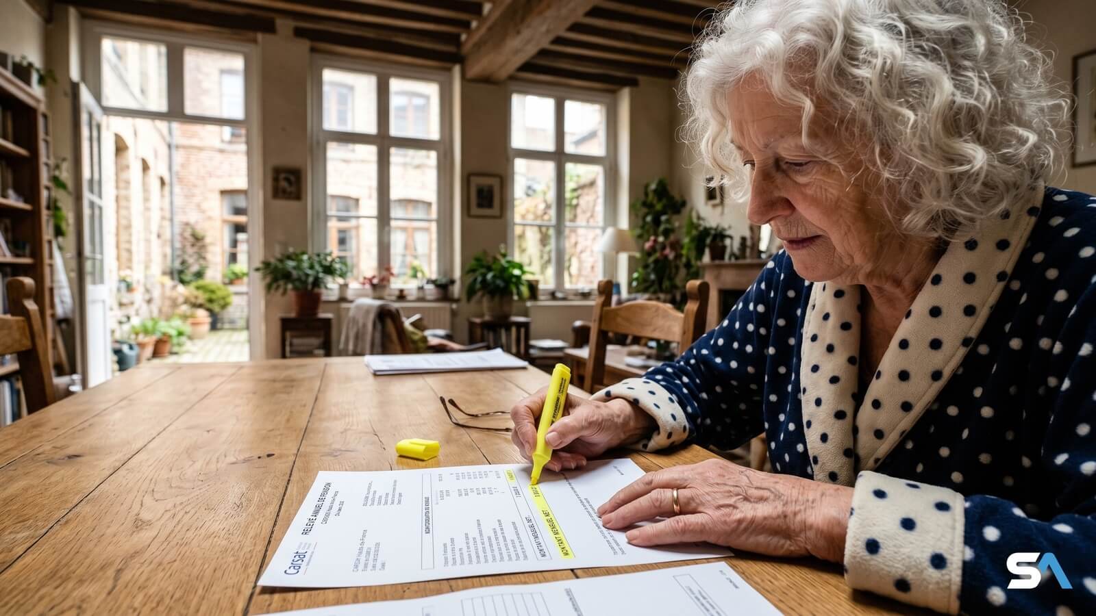 Veuve retraitée pointant les taux et montants de sa pension de réversion © SeniorActu.com
