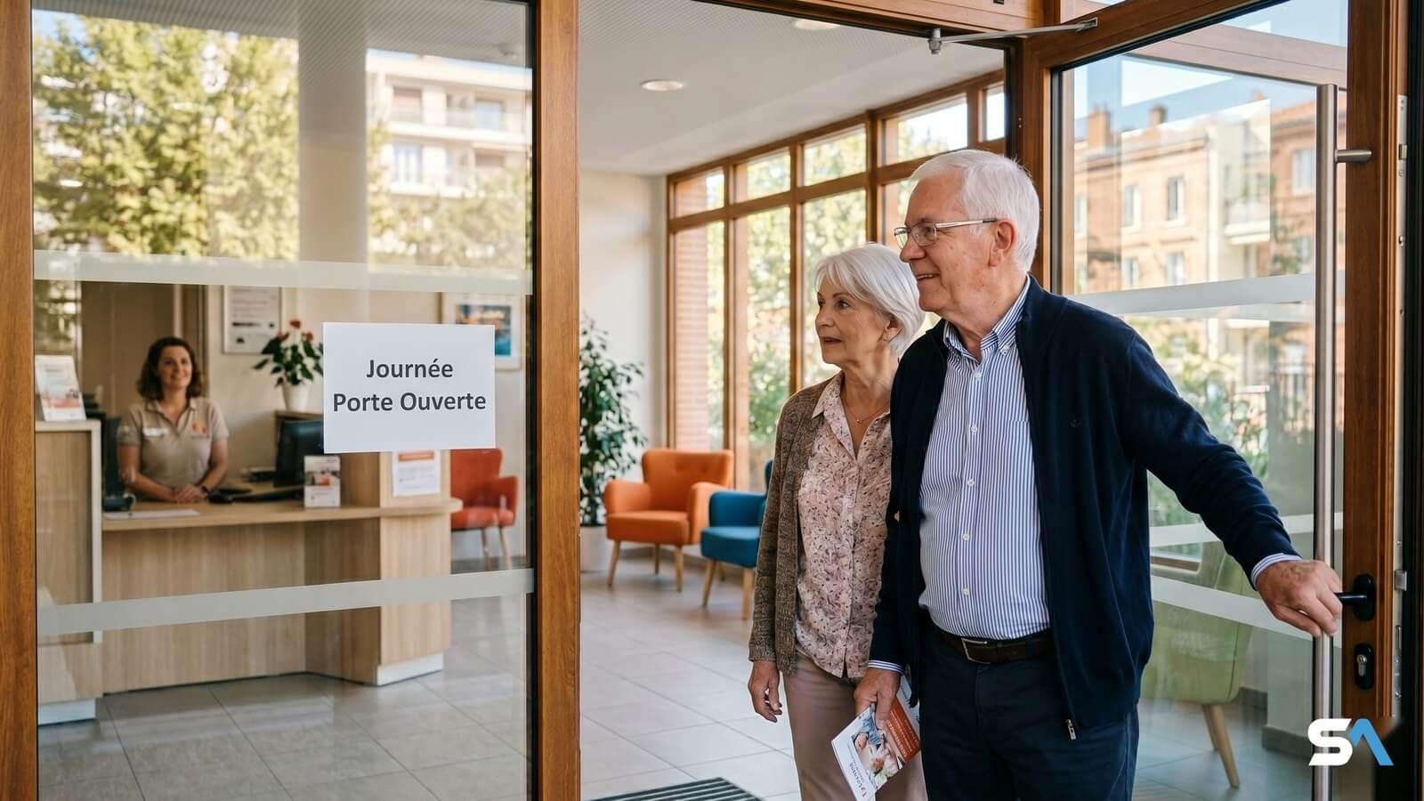 Un couple senior pousse la porte d'un Ehpad à l'occasion d'une journée porte ouverte © SeniorActu.com