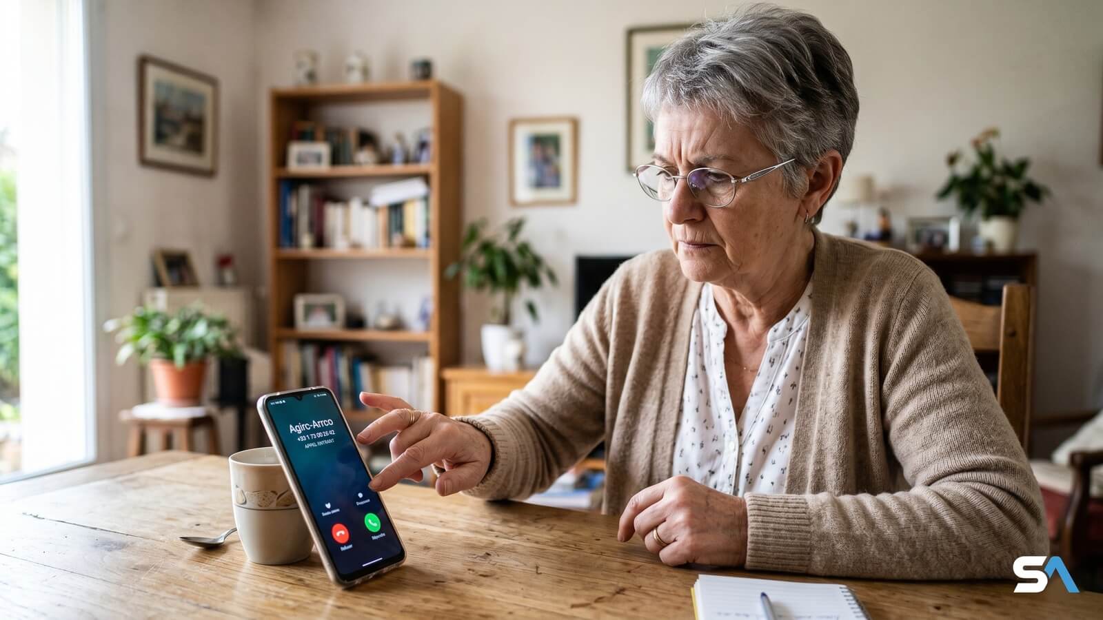 Retraitée face à un faux appel Agirc-Arrco sur son smartphone