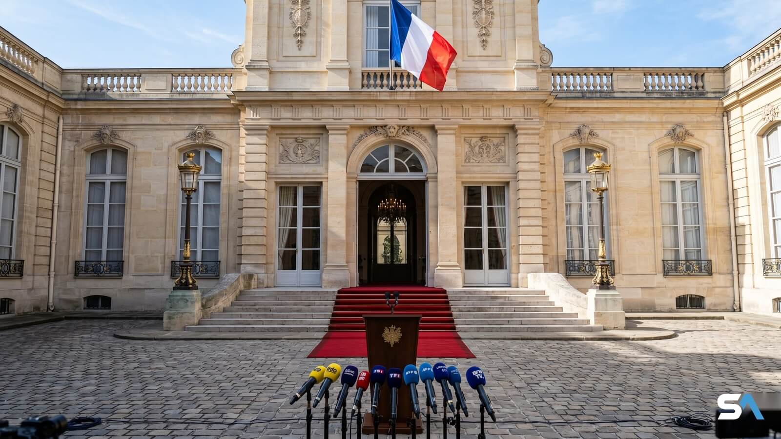Perron de l'Élysée au tapis rouge, micros installés dans la cour