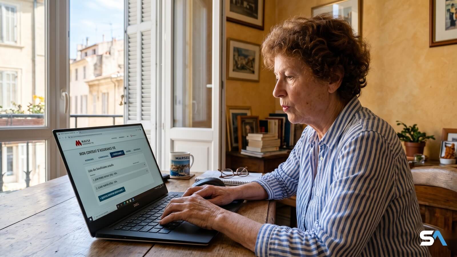 une retraitée met à jour ses bénéficiaires d'assurance-vie sur ordinateur